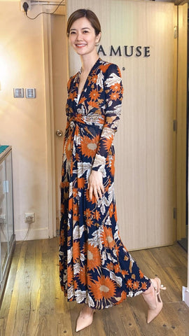 Stunning orange red floral maxi dress with front slit