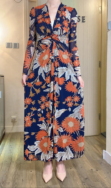 Stunning orange red floral maxi dress with front slit