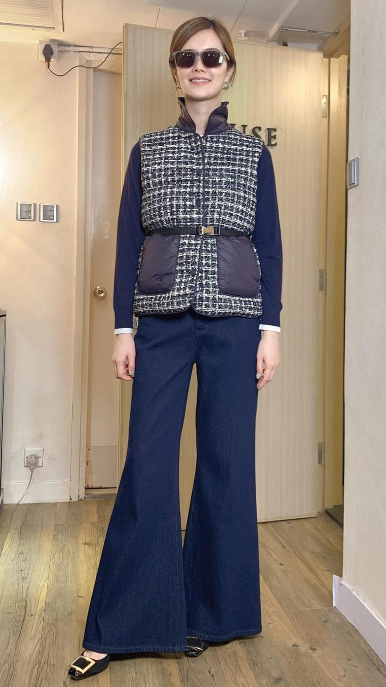 Navy tweed x contrast material stand collar down vest