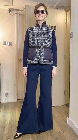 Navy tweed x contrast material stand collar down vest