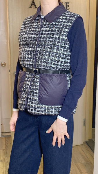 Navy tweed x contrast material stand collar down vest
