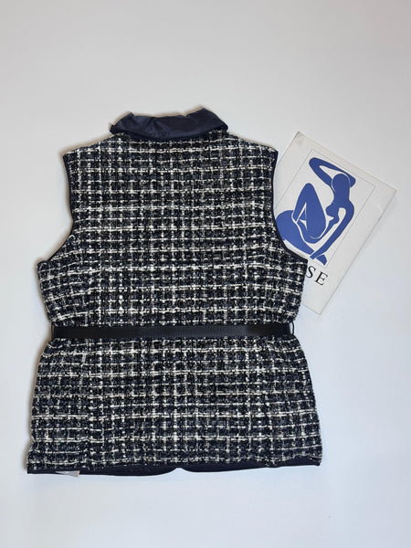 Navy tweed x contrast material stand collar down vest