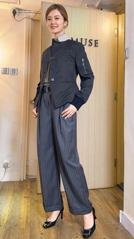 Black sculptural stand collar bomber jacket