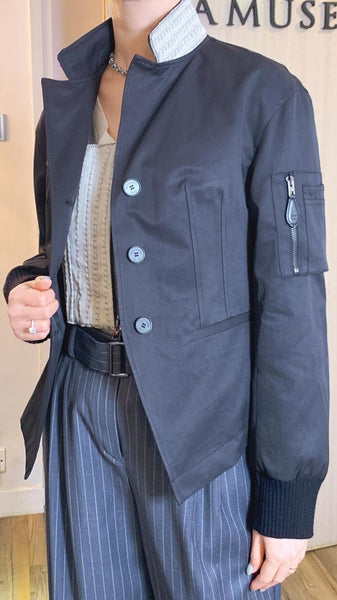 Black sculptural stand collar bomber jacket