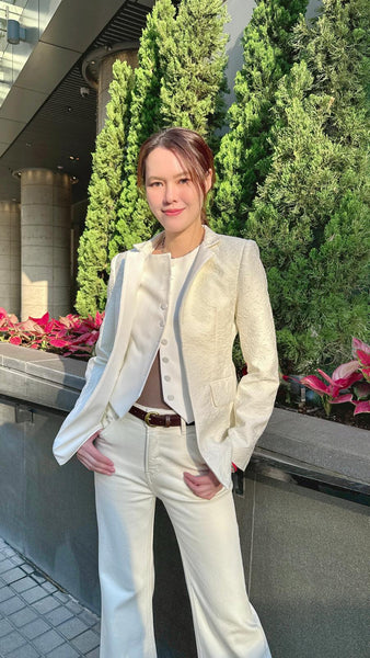 White embossed floral stand collar blazer