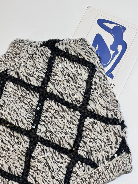 Grey knitted waistcoat with sequined cross pattern