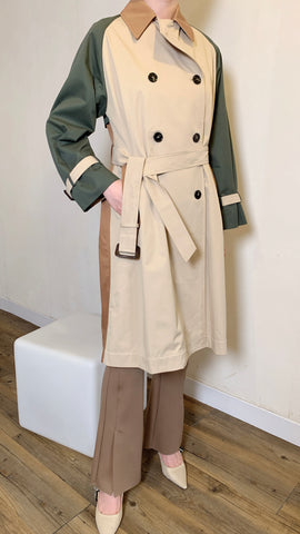 Khaki 3-tone colors knee-length trench coat