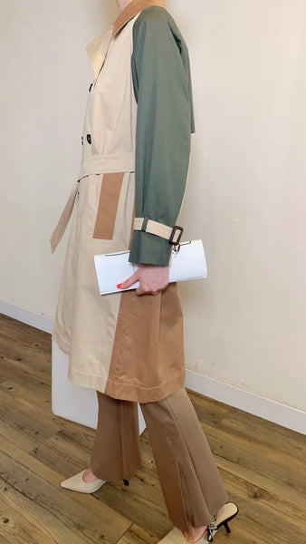 Khaki 3-tone colors knee-length trench coat