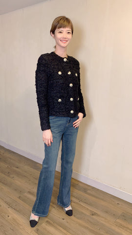 Black silver-buttoned wool-blend tweed knit jacket