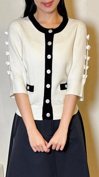 White x black cut-out bow mid sleeves cardigan