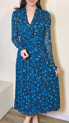 Black x Blue floral statement mesh slim fit maxi dress