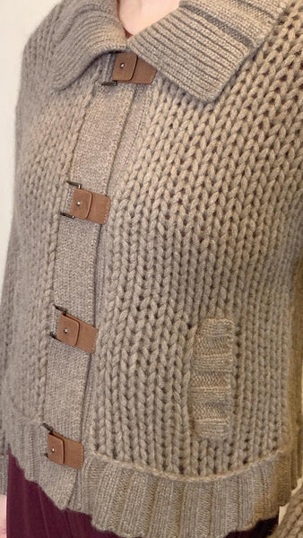 Olive brownish wool cropped jacket with leather buckle