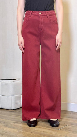 Burgundy wide-leg jeans with gold button