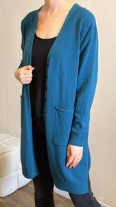 Teal blue long cardigan with front pockets