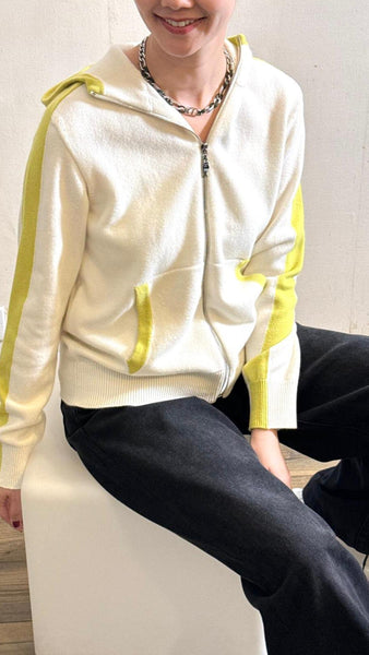 White x yellow panel soft cashmere hooded jacket