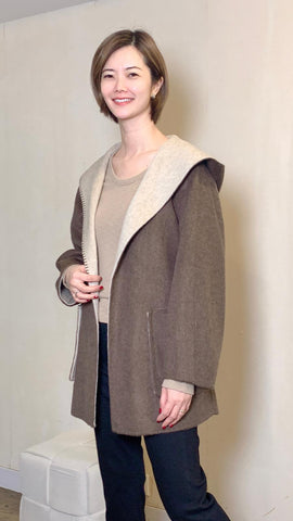 Chestnut brown wool hooded coat with belt