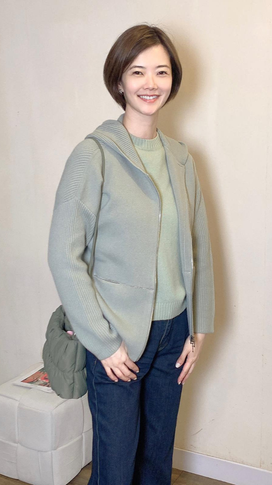 Mint green cashmere hooded jacket