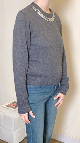 Grey embellished neckline wool sweater