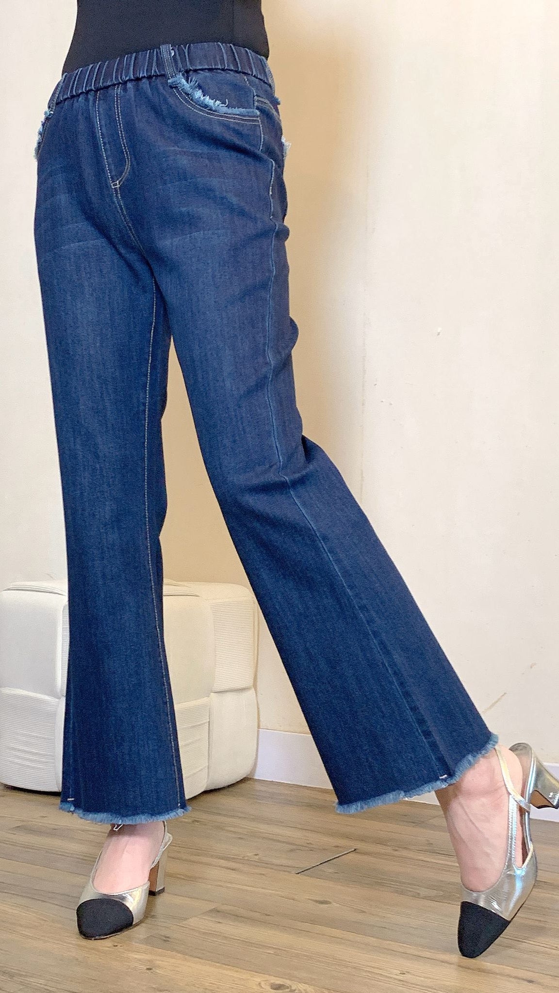 Denim blue elastic waist mini flare jeans