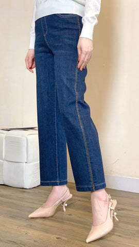 Denim blue lightweight elastic waist straight leg jeans with beaded trimming