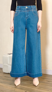 Summer blue wide leg stitched hem jeans