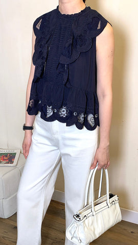 Laser cut navy cute silk blouse