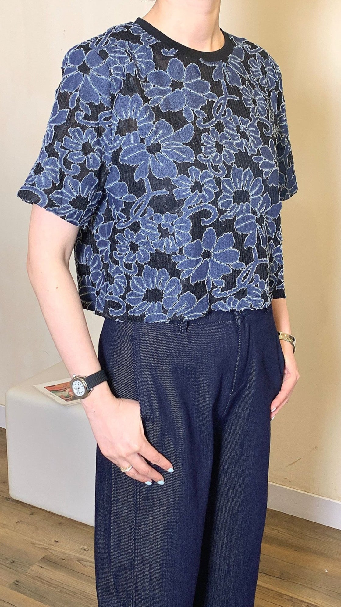 Denim floral x black cropped top