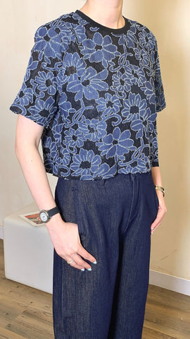 Denim floral x black cropped top