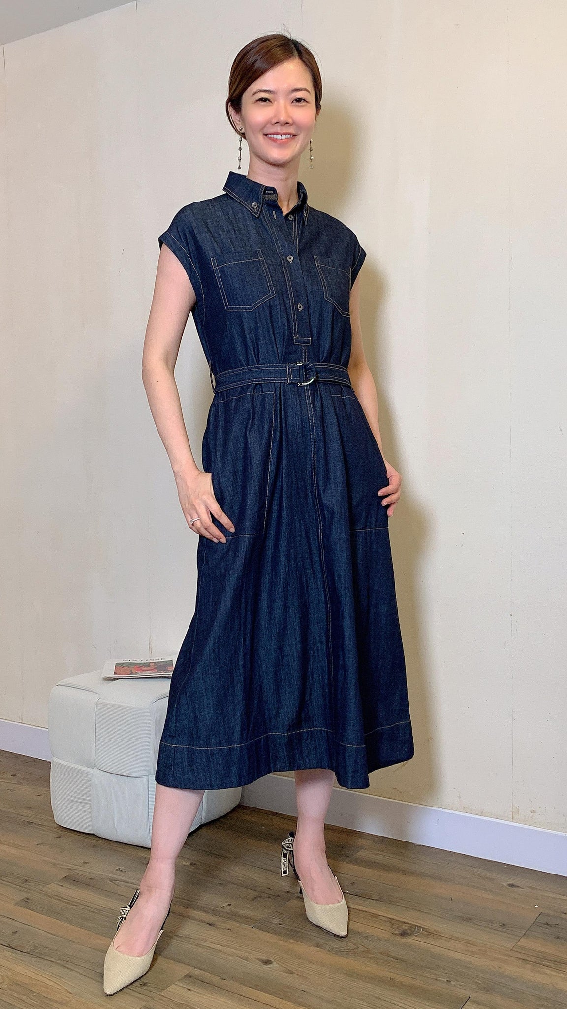 ⁠Denim blue cotton belted maxi dress