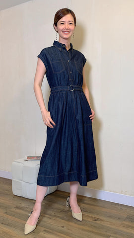 ⁠Denim blue cotton belted maxi dress