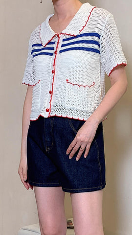 ⁠White open knitted with red scallop trimming cardigan