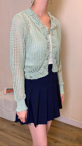 ⁠Mint green floral rhinestone open knitted cardigan