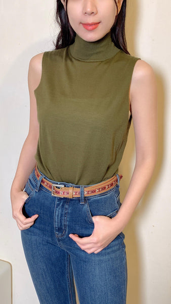 Refined wool olive green sleeveless turtleneck
