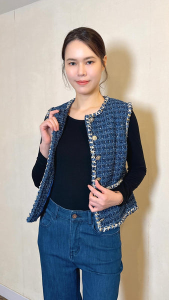 Blue artisan tweed vest with trimming