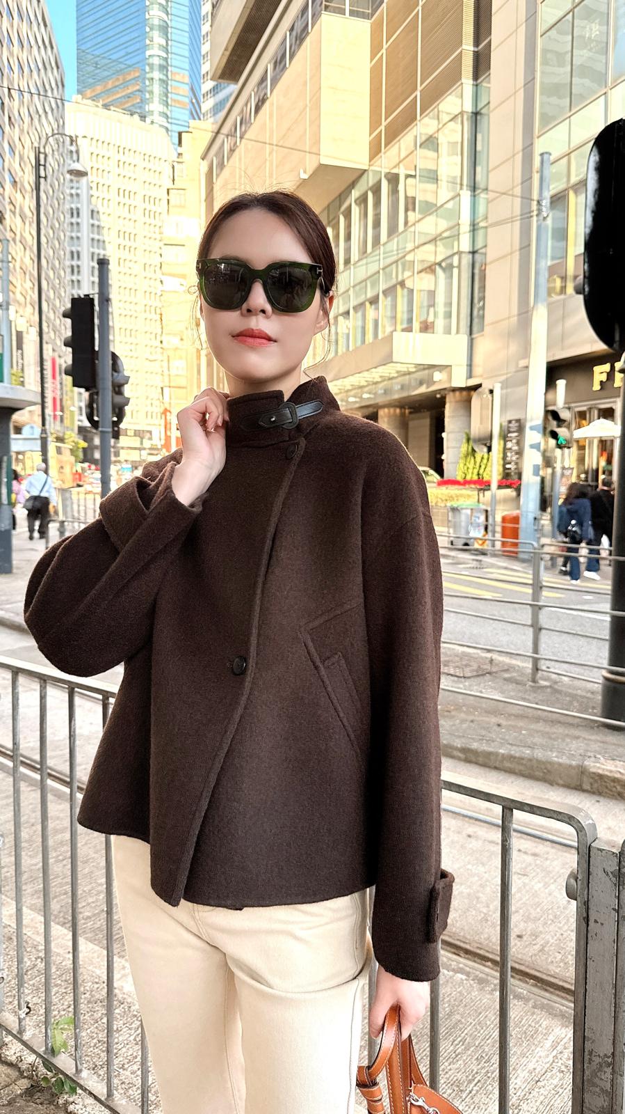 Chocolate brown stand collar jacket with leather buckle – Amuse