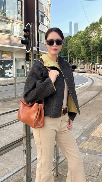 Grey wool stand collar coat with yellow lining