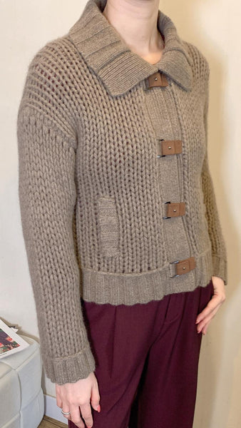 Olive brownish wool cropped jacket with leather buckle