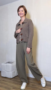 Olive brownish wool cropped jacket with leather buckle