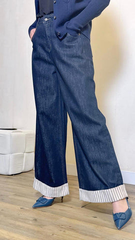 Denim blue cotton jeans with fold up stripe hem