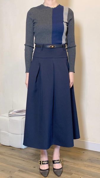 Navy blue dress with gold turn button and black belt