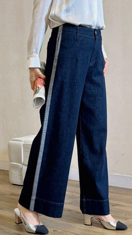 Blue cotton wide-leg jeans with side stripes