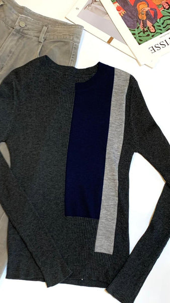 Dark grey x navy blue x light grey wool ribbed top