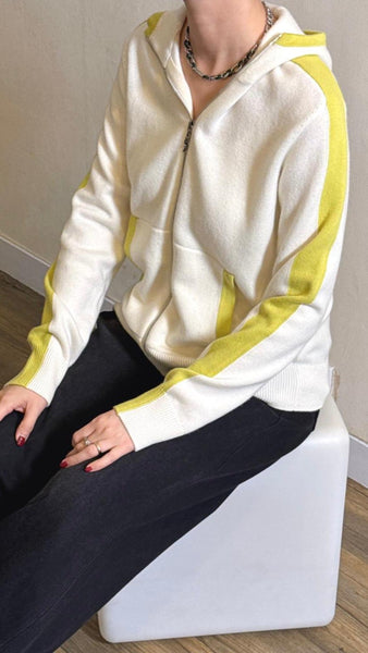 White x yellow panel soft cashmere hooded jacket