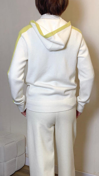 White x yellow panel soft cashmere hooded jacket