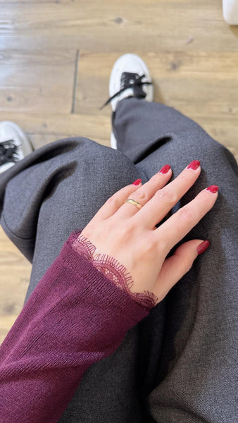 Burgundy refined wool lace top on neckline and sleeves