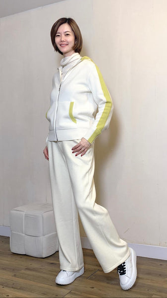 White x yellow panel soft cashmere hooded jacket