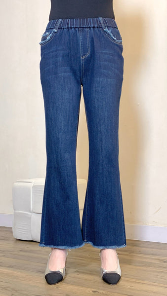 Denim blue elastic waist mini flare jeans