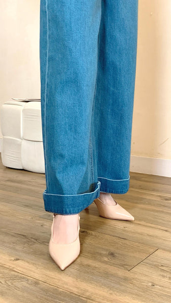 Summer blue wide leg stitched hem jeans