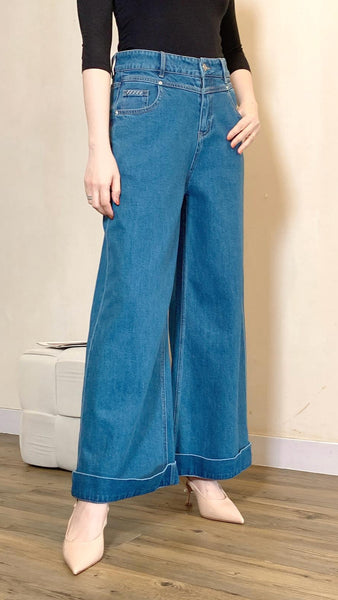 Summer blue wide leg stitched hem jeans