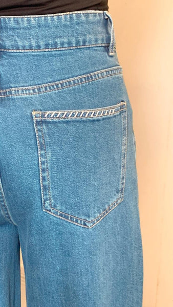 Summer blue wide leg stitched hem jeans